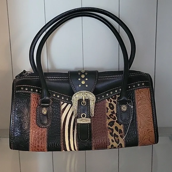 Genuine Leather Western Handbag Purse Animal Print Skin In Nice Condition - Picture 1 of 10